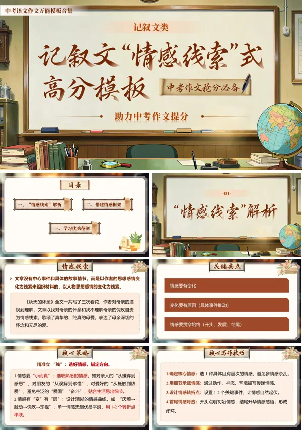 记叙文类万能模版01《记叙文 “情感线索” 式高分模板》中考语文作文ppt课件（教案+逐字稿+教学反思）