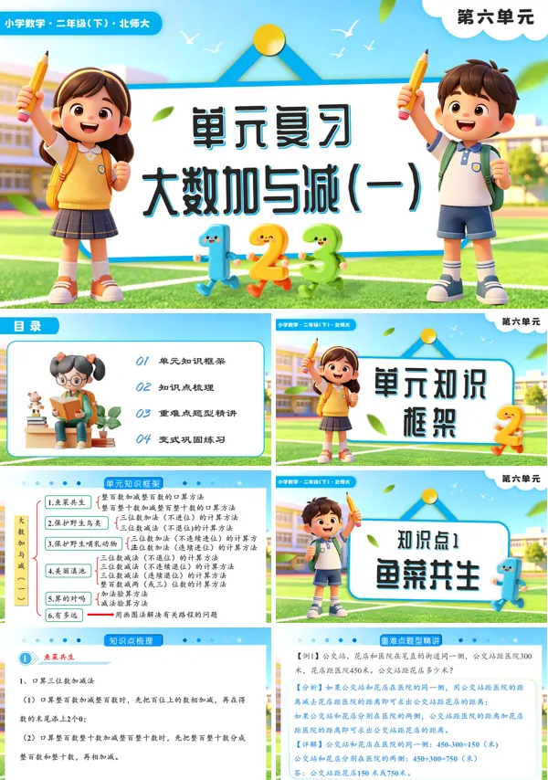 二年级数学下册北师大版新教材第六单元大数加与减（一）单元复习PPT课件（含知识清单）