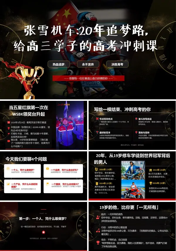 张雪机车：20年追梦路，给高三学子的高考冲刺课PPT模板含讲稿