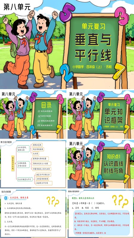 苏教小学数学四年级上第八单元  垂直与平行线单元复习PPT课件（含知识清单+单元测试卷）