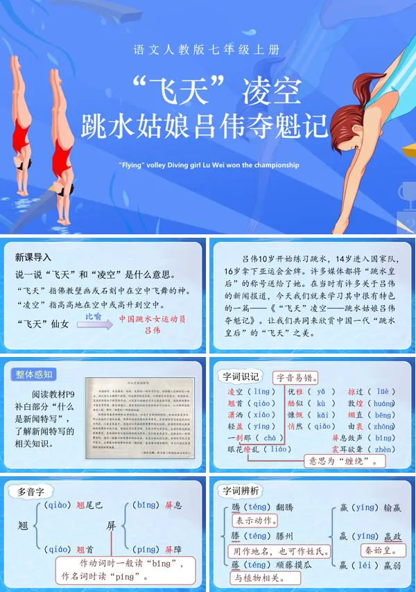  “飞天”凌空——跳水姑娘吕伟夺魁记语文八年级上册PPT课件含教案