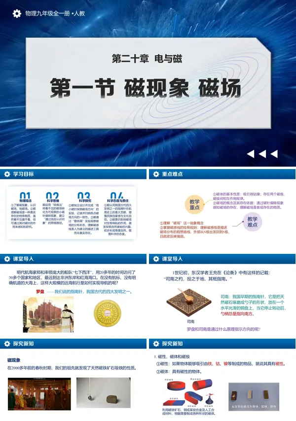 物理九年级全一册人教 第二十章 电与磁 第1节 磁现象 磁场 （教学课件）ppt课件含教案