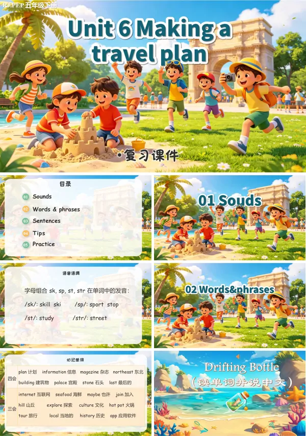《Unit 6 Making a travel plan》复习 五年级英语下册人教ppt课件（知识清单）