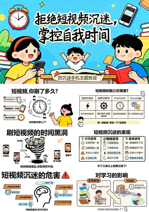 拒绝短视频沉迷，掌控自我时间课件防沉迷手机主题班会PPT模板含讲稿