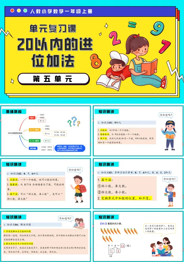 一年级上册期末复习讲练测人教第五单元20以内的进位加法PPT课件含教案