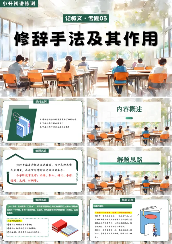 2025年小升初语文复习讲练测统编这是一套关于2025年小升初语文复习修辞手法及其作用讲练测的PPT课件，一共包括37张幻灯片。设置该节课程的目的是帮助学生能够准确识别常见的修辞手法，并深入理解不同修辞手法在句子、段落中的表达作用，提升对文本的赏析能力，同时能够运用修辞手法进行句子仿写与作文创作，增强语言表现力。该套PPT从三个方面展开这一节课程的学习。第一部分为内容概述。第二部分为解题思路，该部
