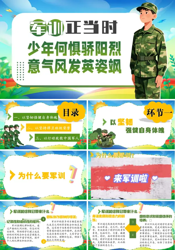 新生军训迷彩青春热血征程动员会动态ppt模版（含讲稿）