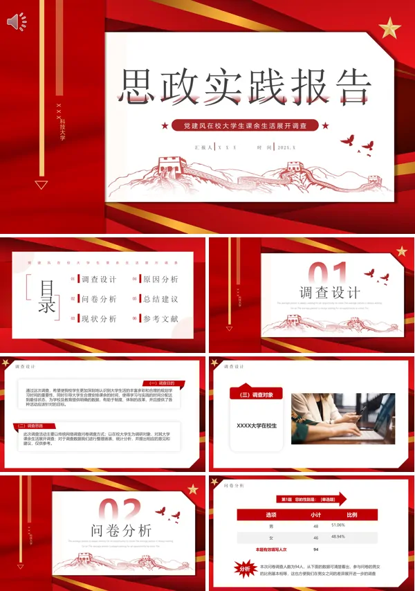 红色简约风大学思政实践调查报告PPT模板