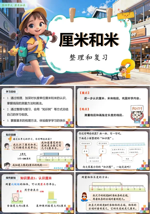 第四单元《厘米和米整理和复习》二年级数学上册人教 ppt复习课件（知识清单）