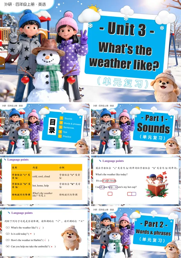 四年级英语上册外研（新教材）Unit3 What's the weather like（复习课件）PPT课件含教案