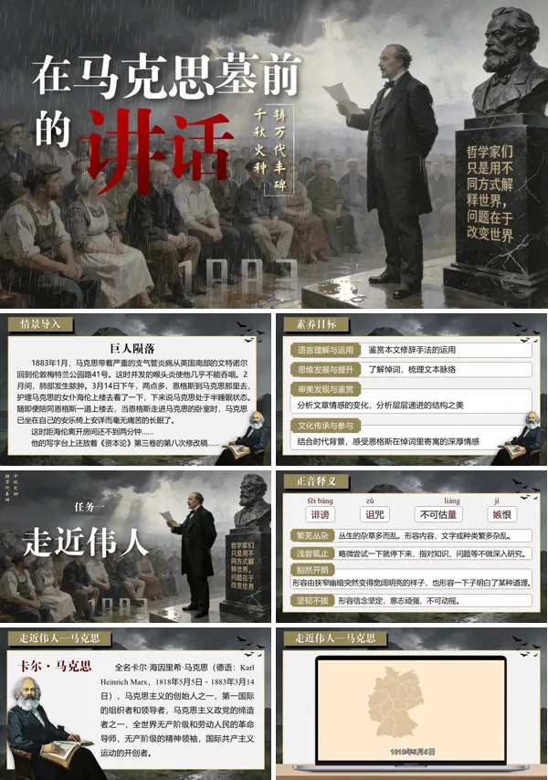 第五单元《在马克思墓前的讲话》中职语文高一下册ppt课件（教案+逐字稿+教学反思）