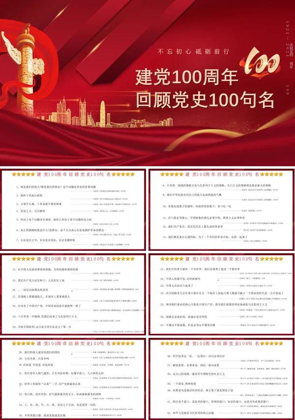 红色建党100周年回顾党史100句名PPT