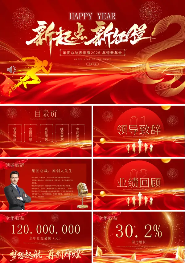 企业公司年度总结表彰暨2025年迎新年会PPT模板含讲稿