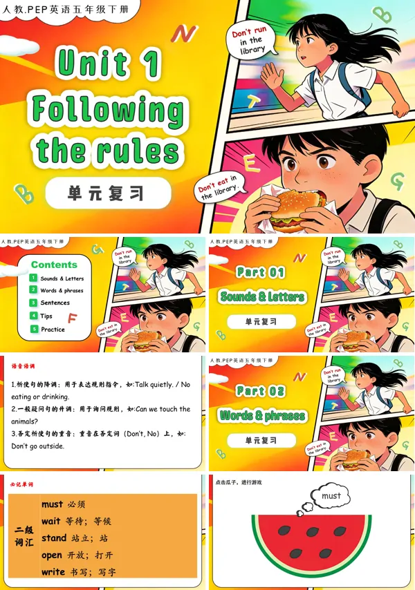 五年级英语下册人教PEP版新教材Unit 1 Following the rules 单元复习PPT课件（含知识清单）