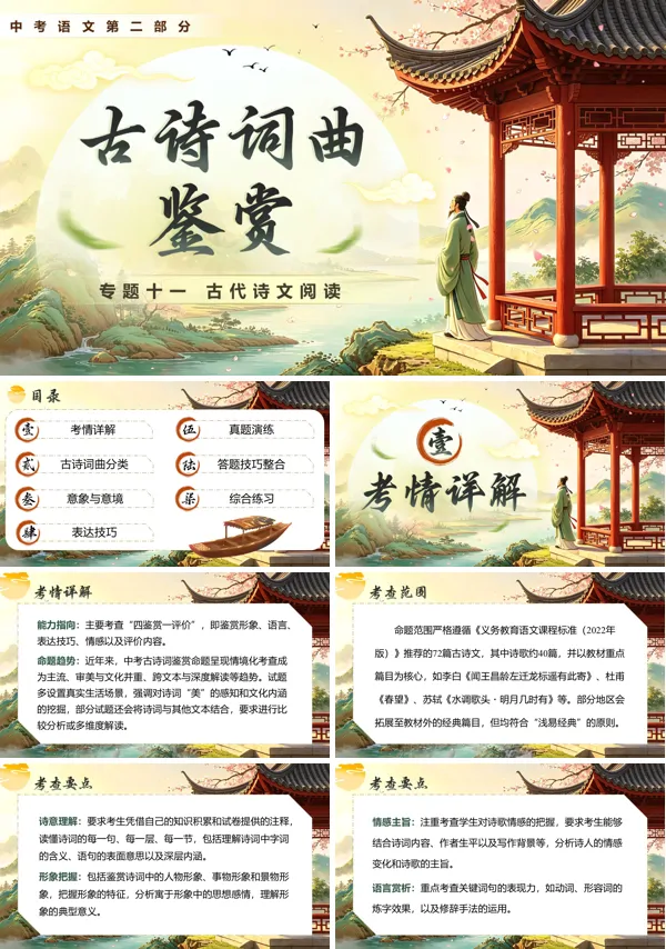 中考语文第二部分《古代诗文阅读《专题十一：古诗词曲鉴赏》》PPT课件（含教案+逐字稿+教学反思）