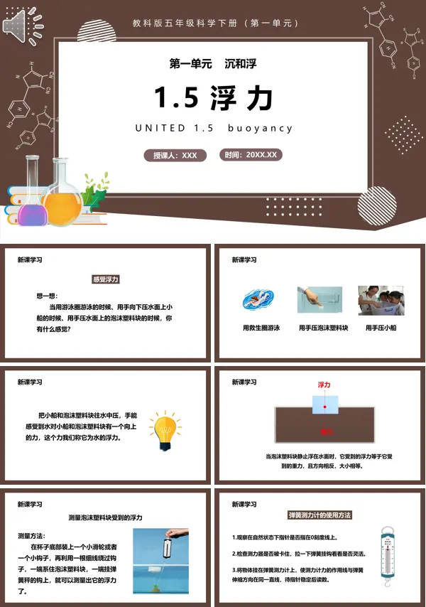 小学教科版五年级科学下册第一单元第五课时课文内容《浮力》教学的PPT课件模板