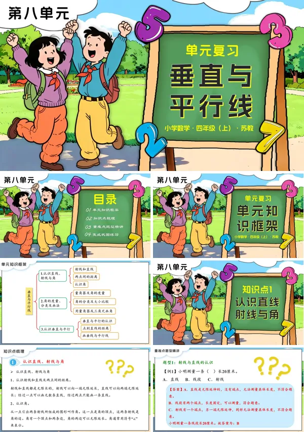 苏教小学数学四年级上第八单元 垂直与平行线单元复习PPT课件（含知识清单+单元测试卷）