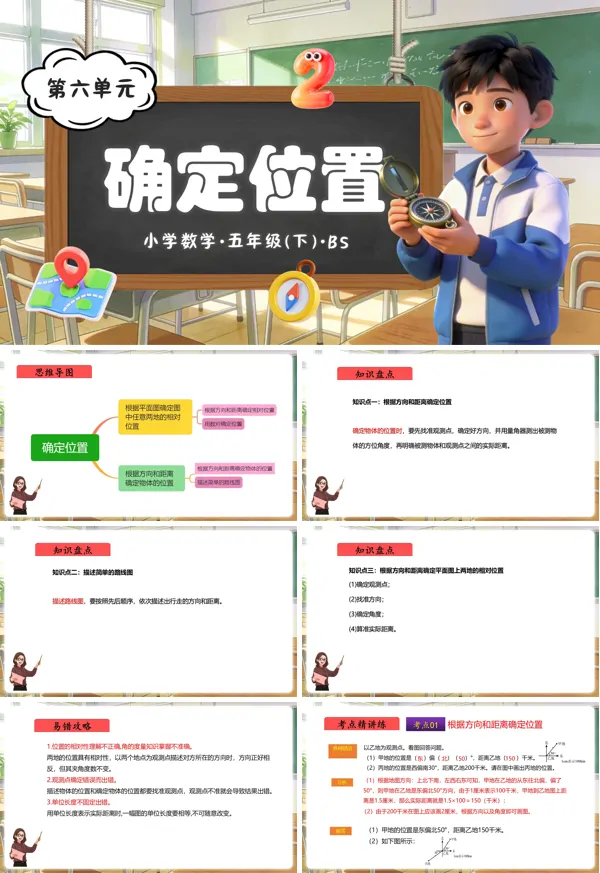 五年级数学下册北师大 第六单元 确定位置（复习课件）ppt课件（知识清单+单元检测卷）