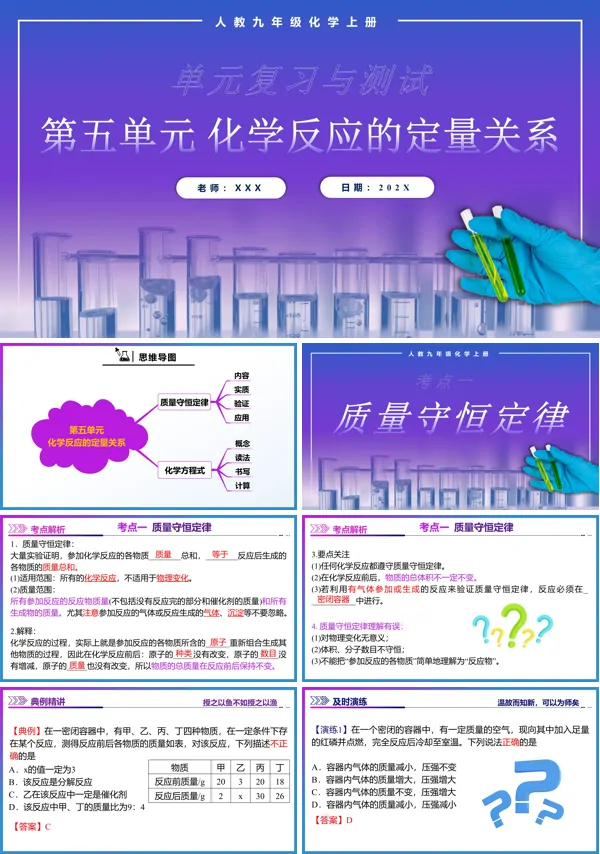 人教九年级化学上册第五单元化学反应的定量关系单元复习PPT课件含教案