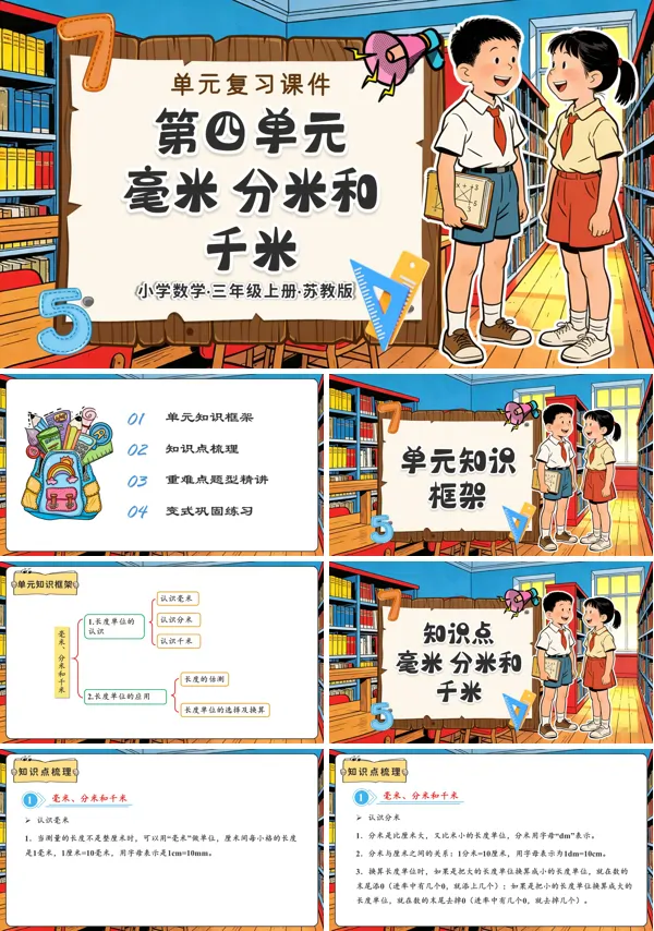 三年级数学上册苏教 第四单元 毫米、分米和千米（复习课件）ppt课件（知识清单+单元测试）
