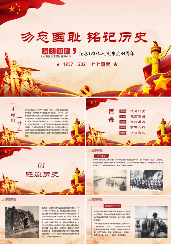 纪念七七事变勿忘国耻微党课PPT模板